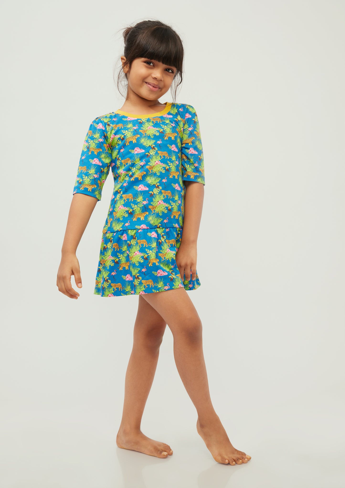 BLUE, YELLOW AND GREEN SAFARI PRINT FIT AND FLARED DRESS
