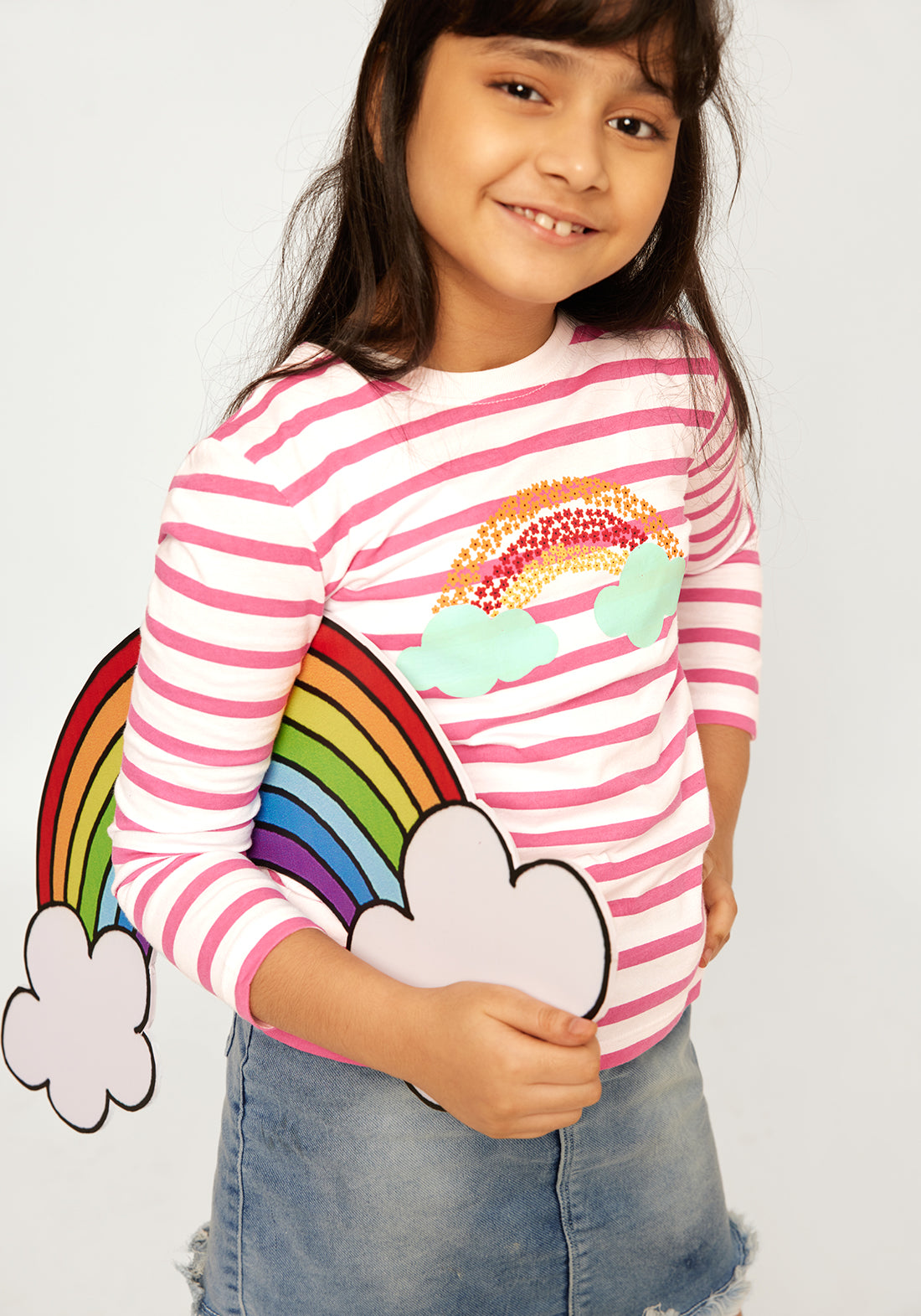 HOT PINK STRIPE WITH RAINBOW PLACEMENT PRINT TEE