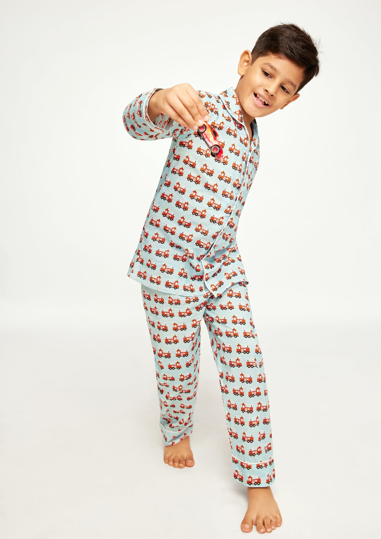 Flashy Firetruck Print Collared Night Wear Set