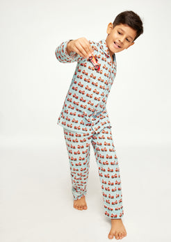 Flashy Firetruck Print Collared Night Wear Set