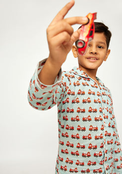 Flashy Firetruck Print Collared Night Wear Set