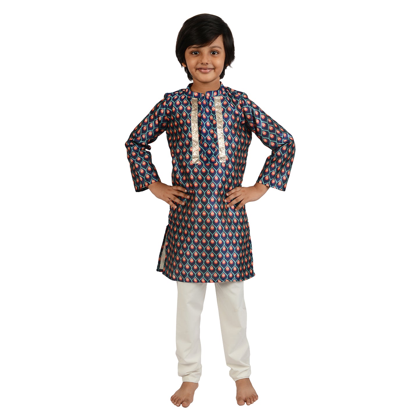Royal Blue Geometric Print Tussar Silk kurta Set