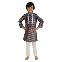 Royal Blue Geometric Print Tussar Silk kurta Set