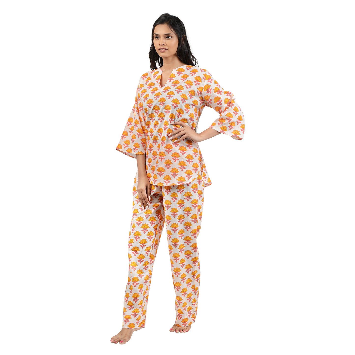 Tangerine Marigold Blossom Printed Pajama Set