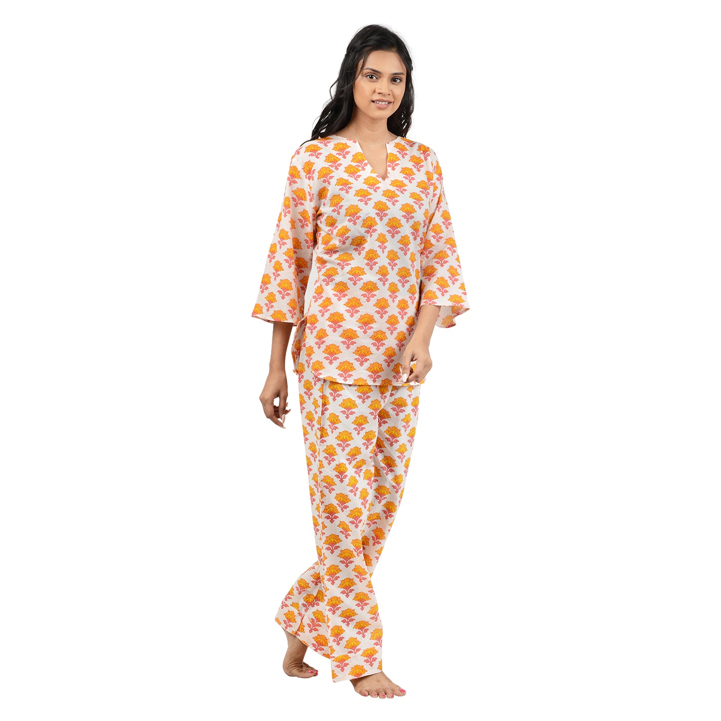 Tangerine Marigold Blossom Printed Pajama Set