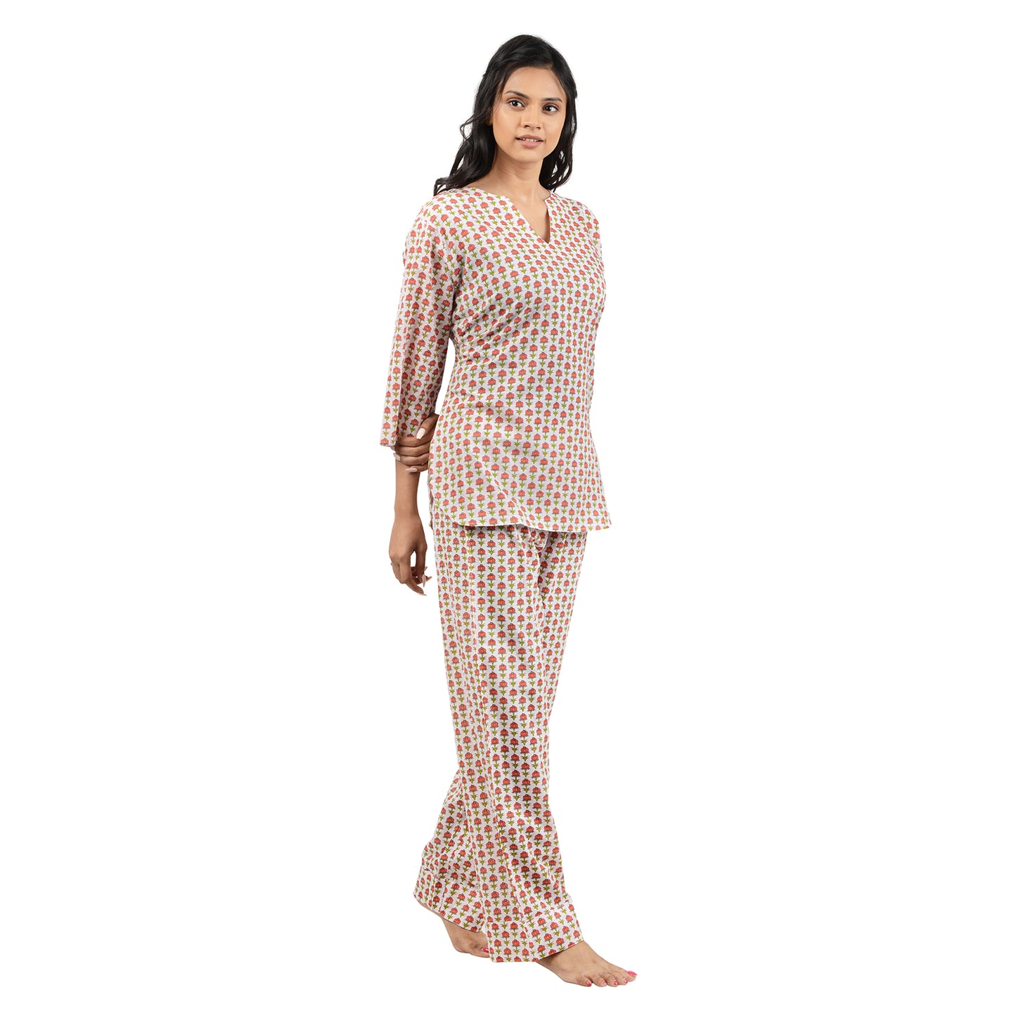 Orange Lotus Bud Printed Pajama Set