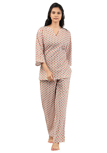 Orange Lotus Bud Printed Pajama Set