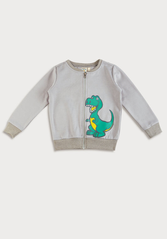 Light Grey Fleece Bomber Jacket with Dino Print