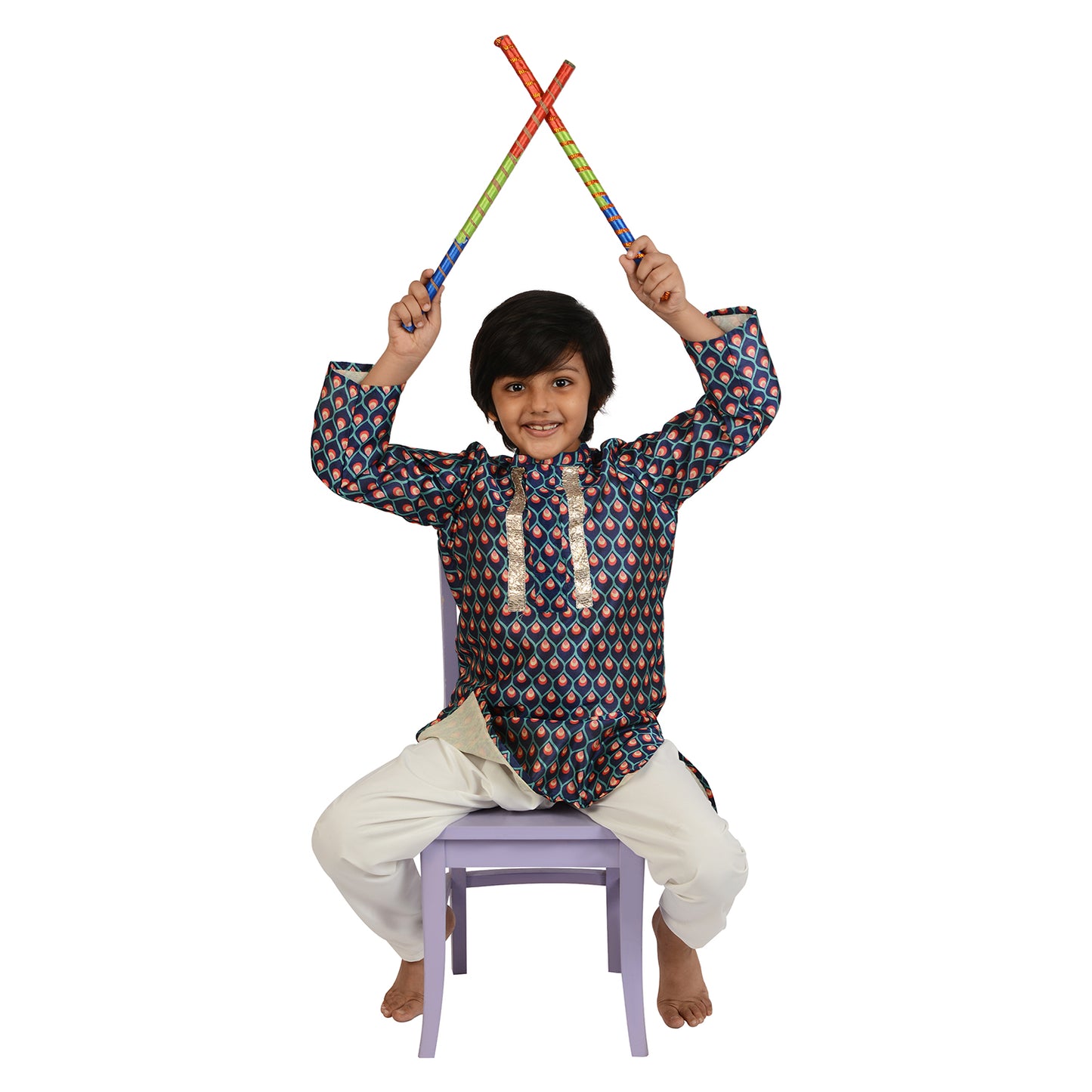 Royal Blue Geometric Print Tussar Silk kurta Set