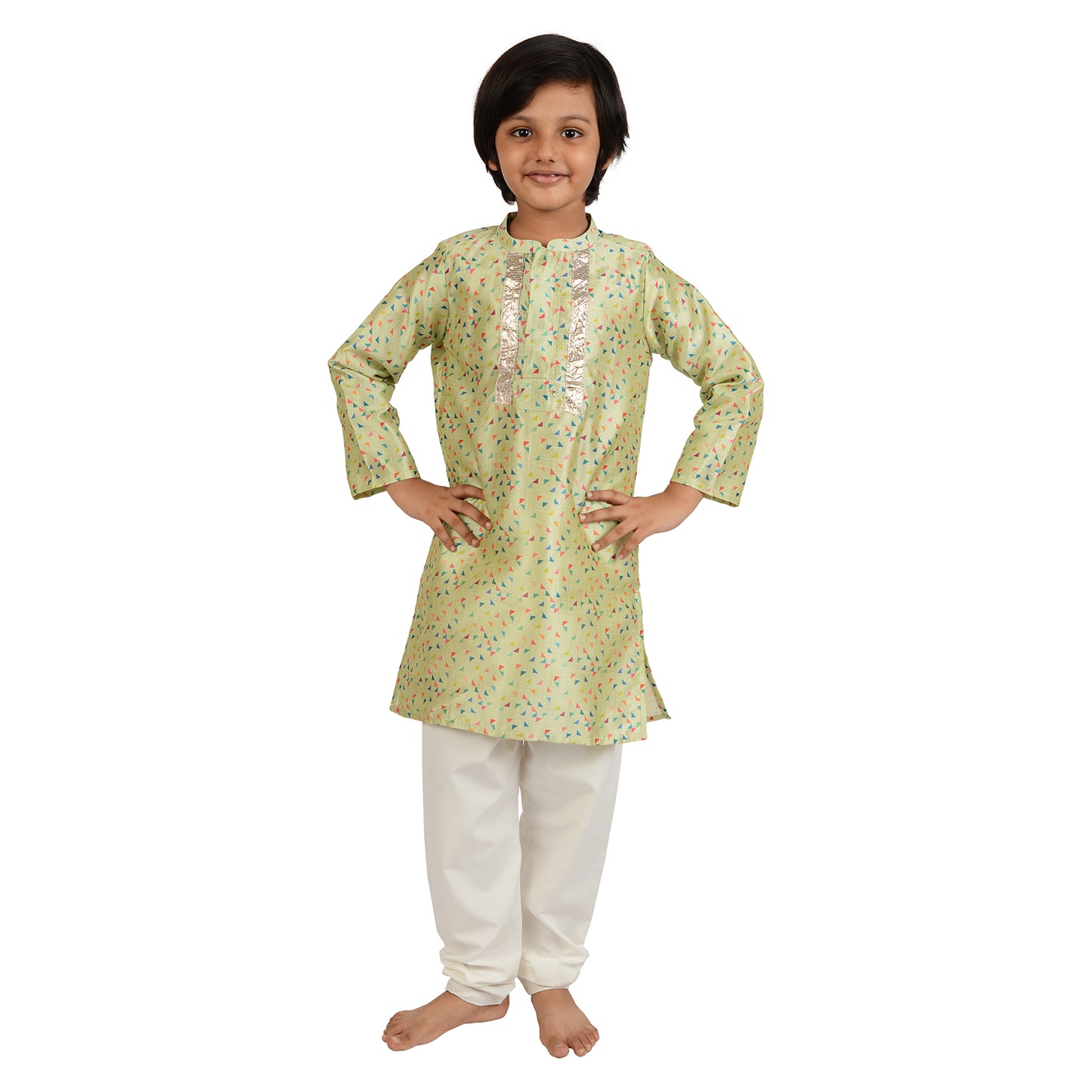 Mint Triangle Print Boys Tussar Silk kurta Set