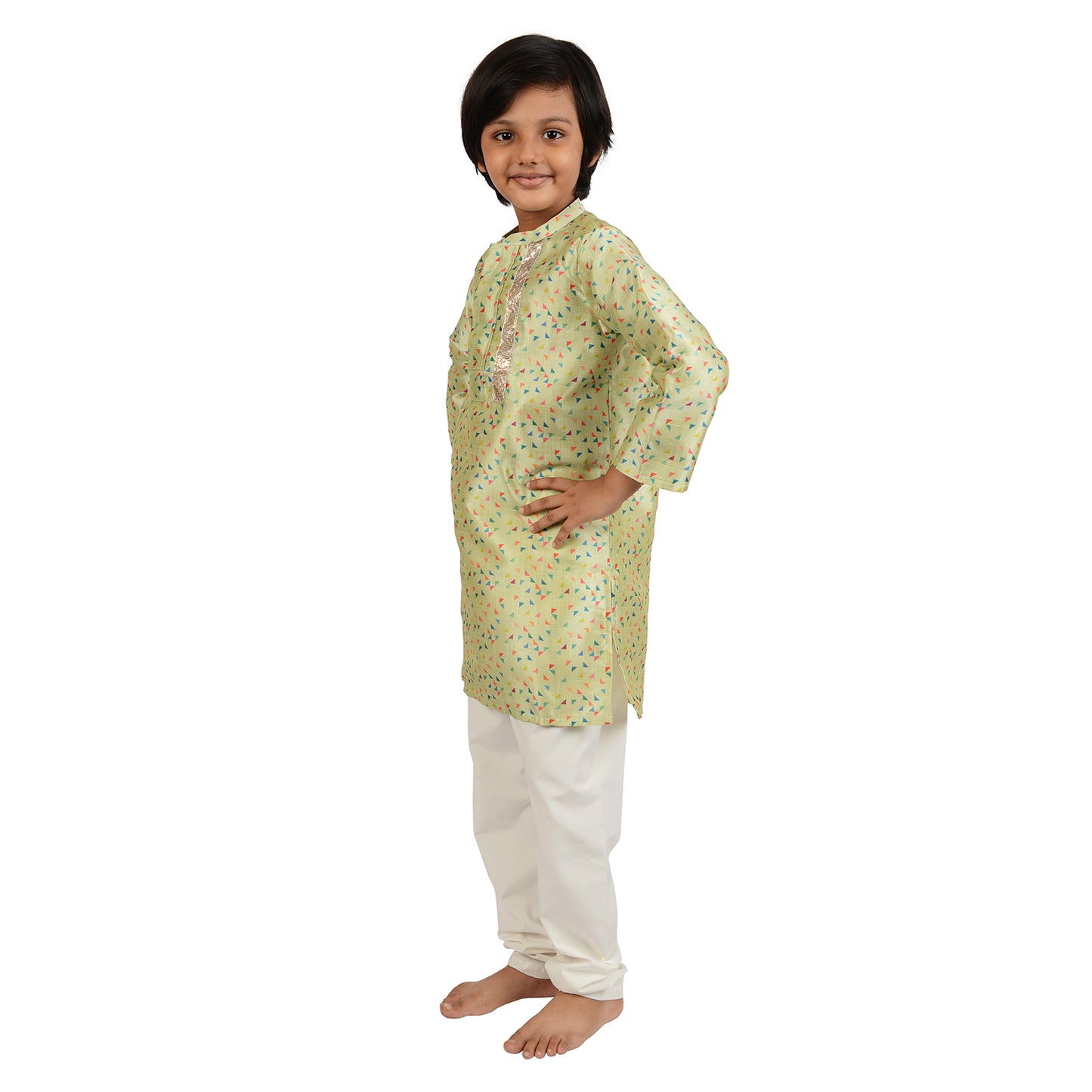 Mint Triangle Print Boys Tussar Silk kurta Set
