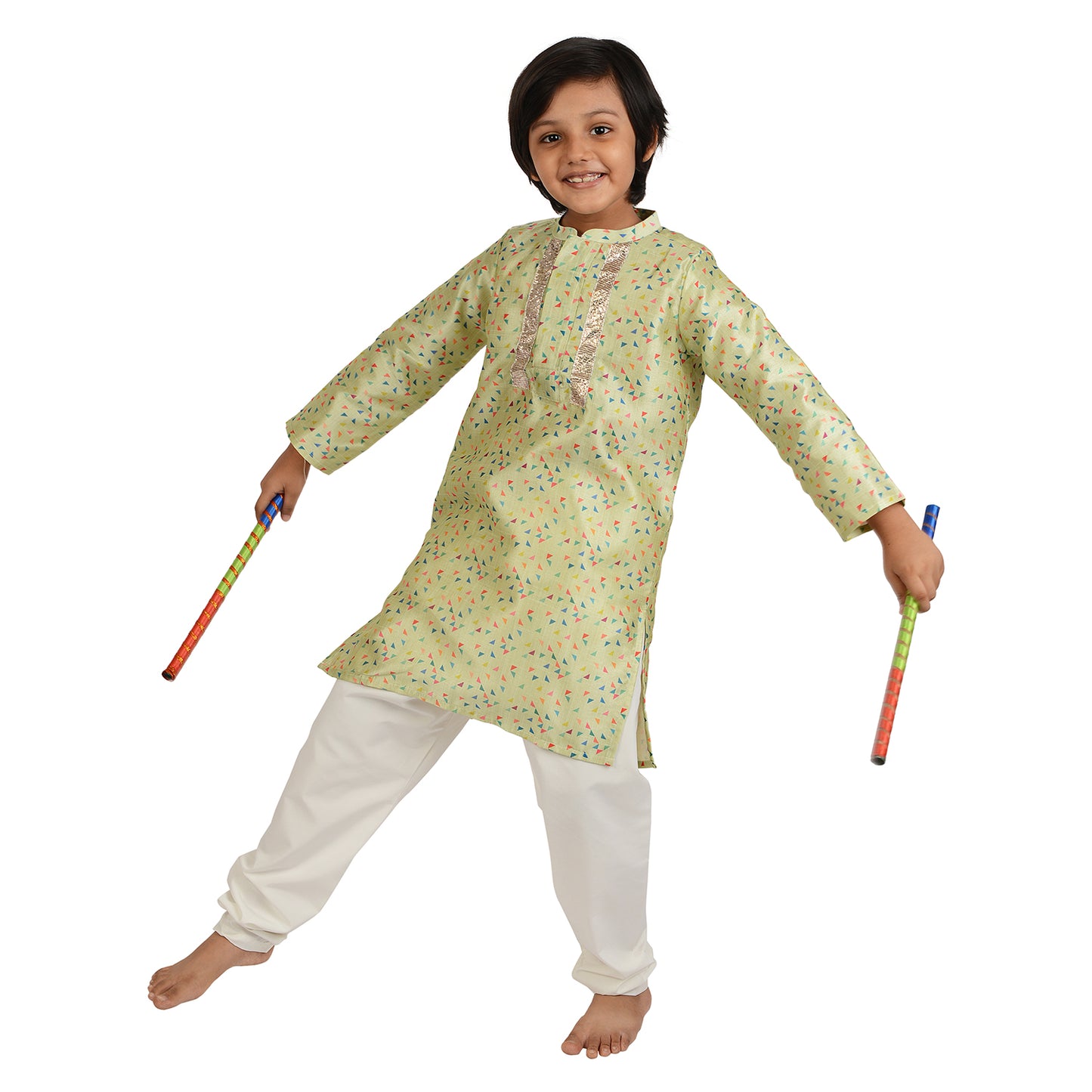 Mint Triangle Print Boys Tussar Silk kurta Set