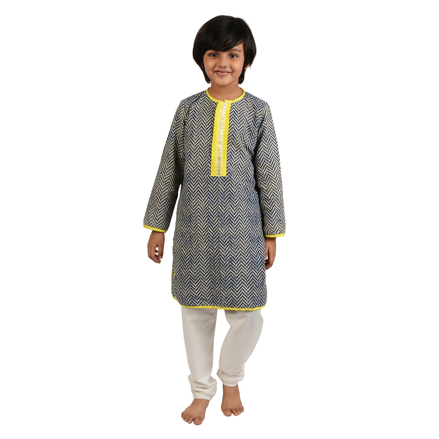 Navy Chevron Cotton Kurta Set