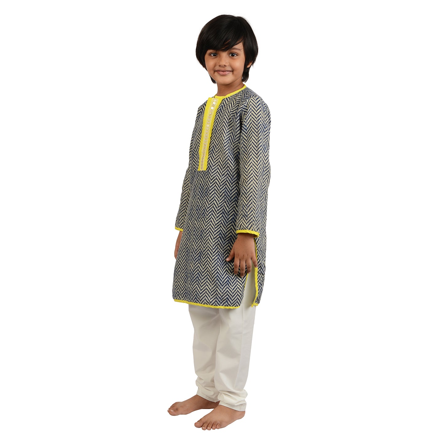 Navy Chevron Cotton Kurta Set