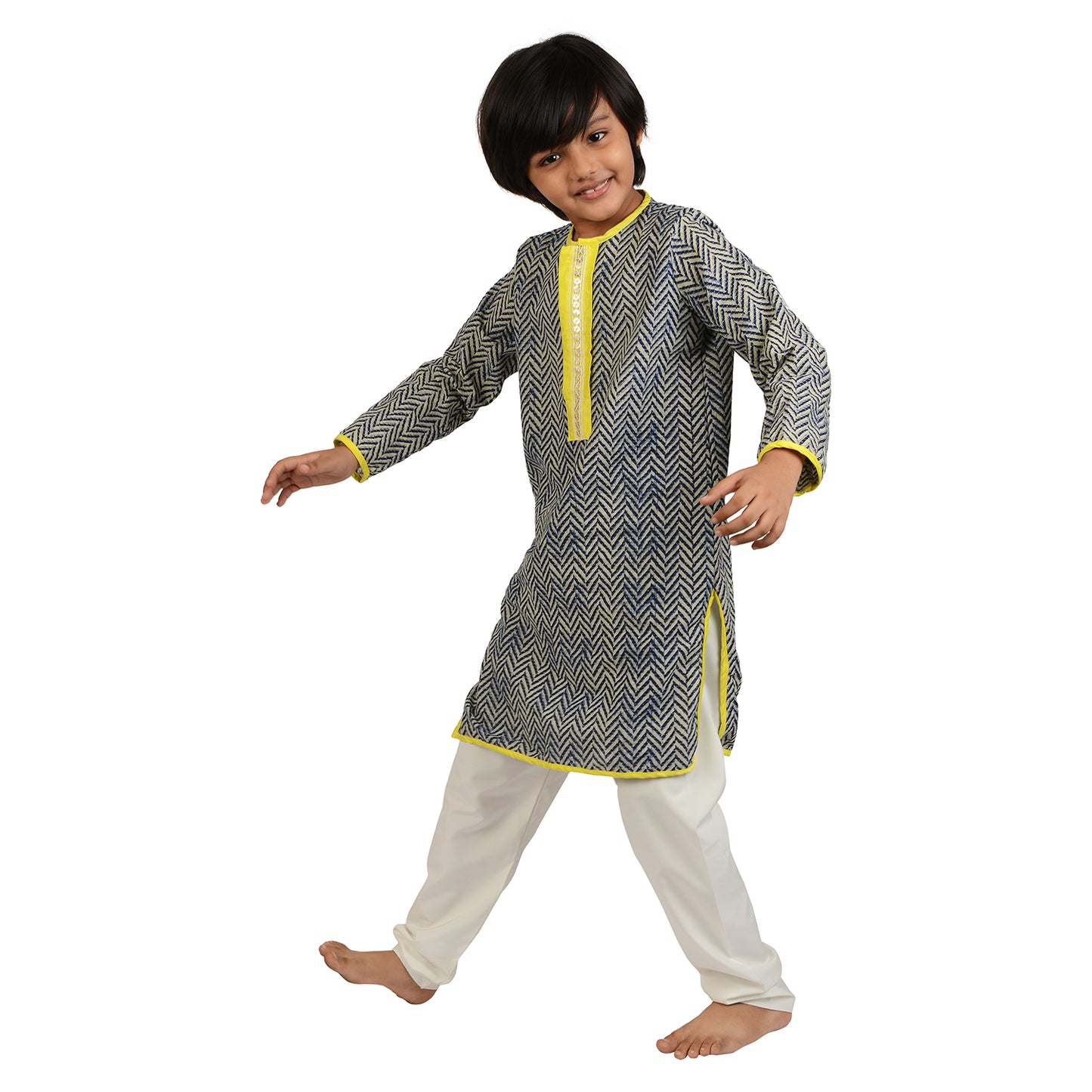 Navy Chevron Cotton Kurta Set