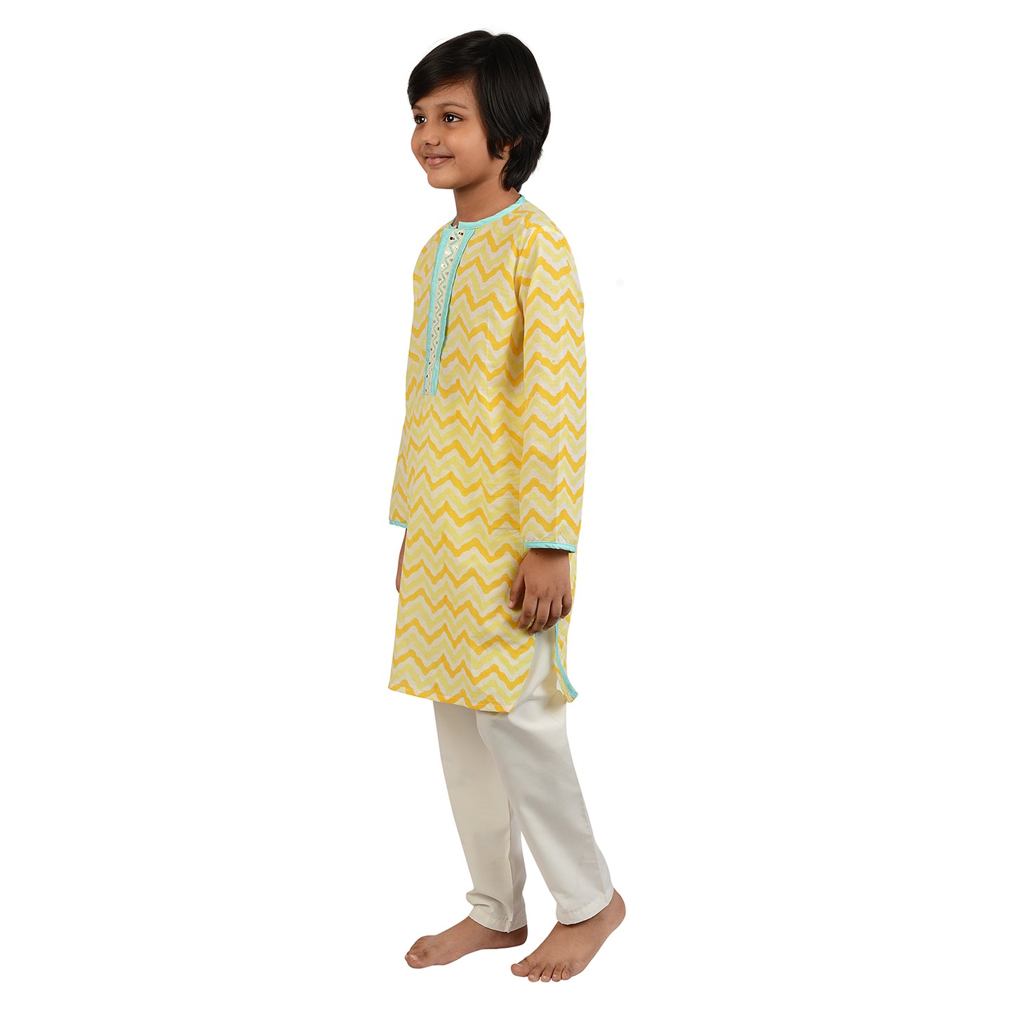 Mango And Aqua Printed Chevron Cotton Kurta Set