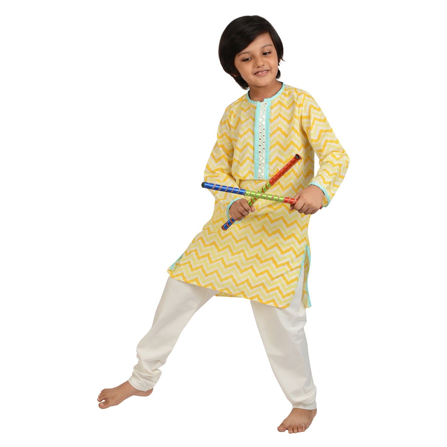 Mango And Aqua Printed Chevron Cotton Kurta Set