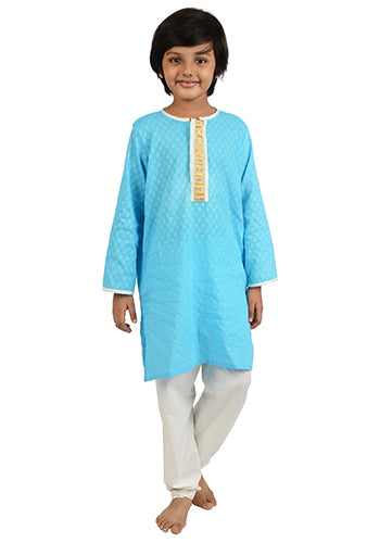 Azure Blue Motif Woven Cotton Kurta Set