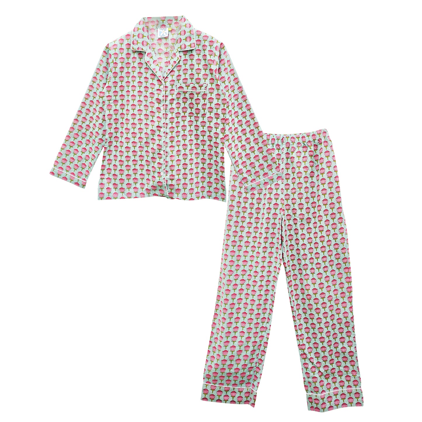 Pink And Aqua Lotus Printed Pajama Set