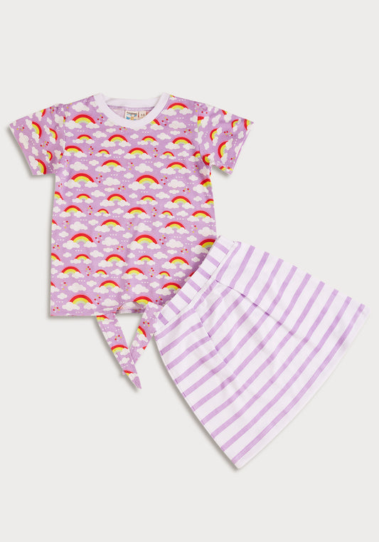 Lilac And Multicolor Rainbow Print T-shirt with Striped skirt co-ord Set