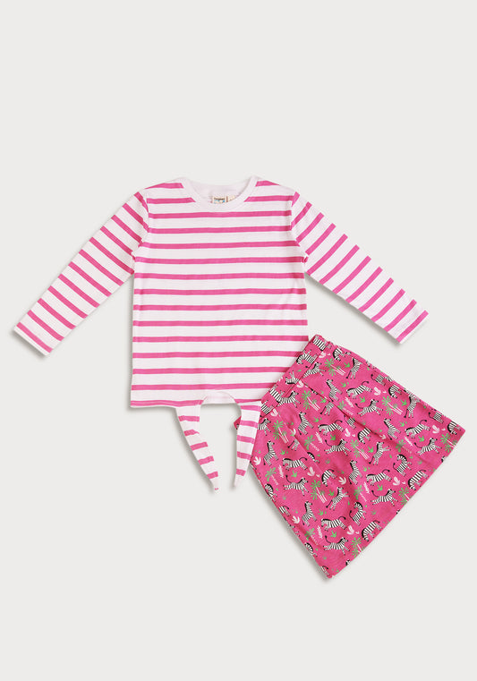 Stripe T-shirt with Pink, Black and White Zebra Printed skirt co-ord Set