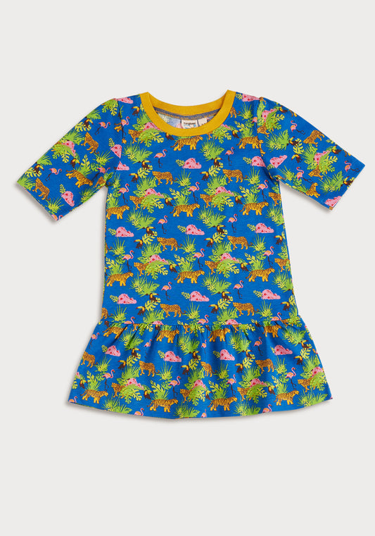 BLUE, YELLOW AND GREEN SAFARI PRINT FIT AND FLARED DRESS