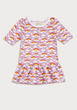 LILAC AND MULTICOLOR RAINBOW PRINT FIT AND FLARED DRESS