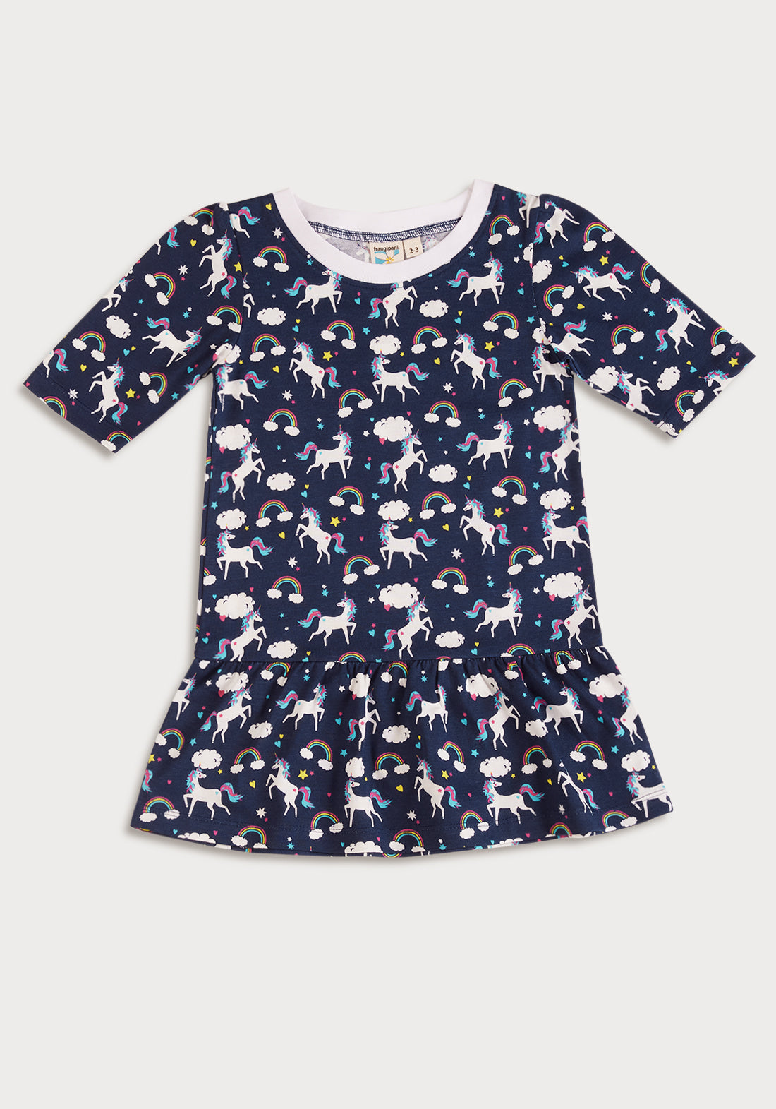 BLUE AND MULTICOLOR UNICORN PRINT FIT AND FLARED Short SLEEVE DRESS