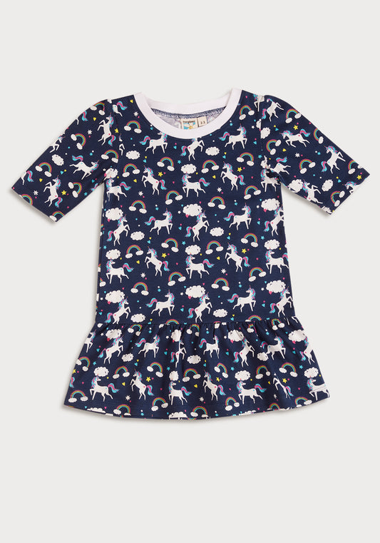 BLUE AND MULTICOLOR UNICORN PRINT FIT AND FLARED Short SLEEVE DRESS