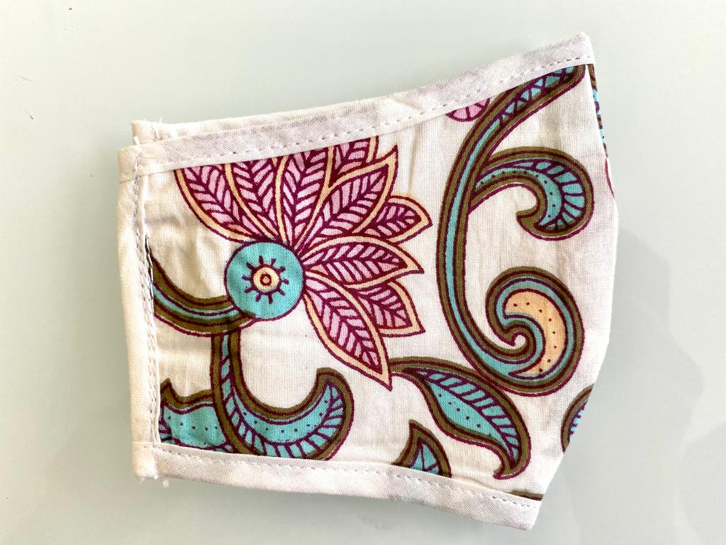 AQUA AND PINK FLORAL JAAL PRINT 3-PLY MASK