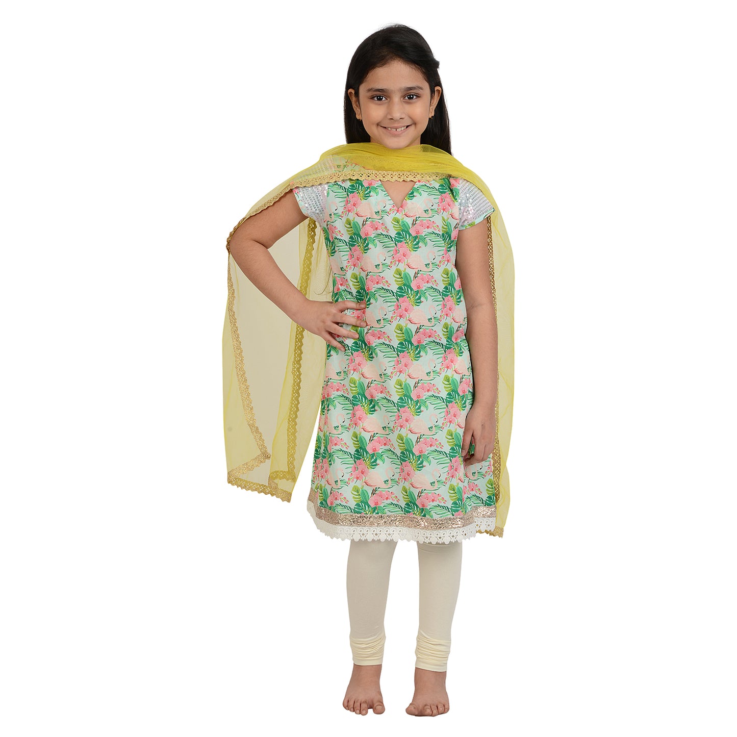Vibrant Flamingo Printed Cotton Kurti Set