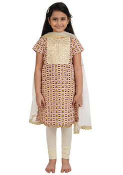 Baby Pink Geometric Flora Printed Kurti with Yoke Set