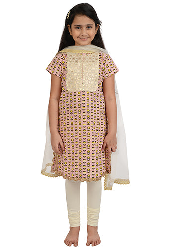 Baby Pink Geometric Flora Printed Kurti with Yoke Set