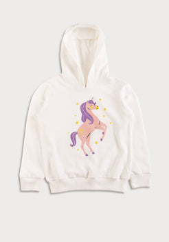 White Terry Hoodie with Unicorn Print