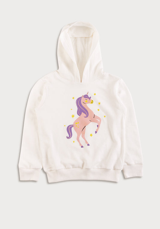 White Terry Hoodie with Unicorn Print