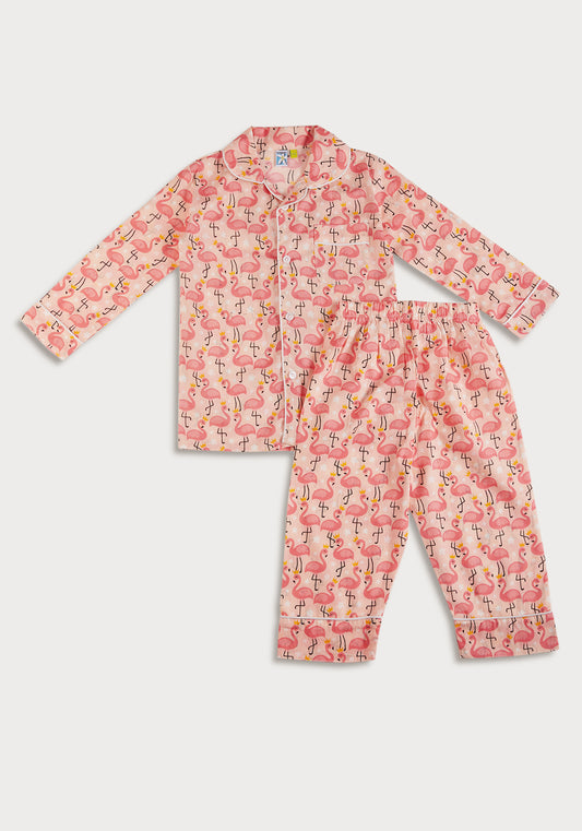 FLAMINGO FROLIC PRINT COLLARED NIGHT WEAR SET