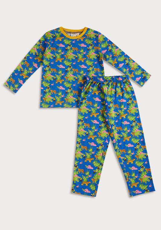 BLUE, YELLOW AND BLACK SAFARI PRINT LONG SLEEVE PAJAMA SET