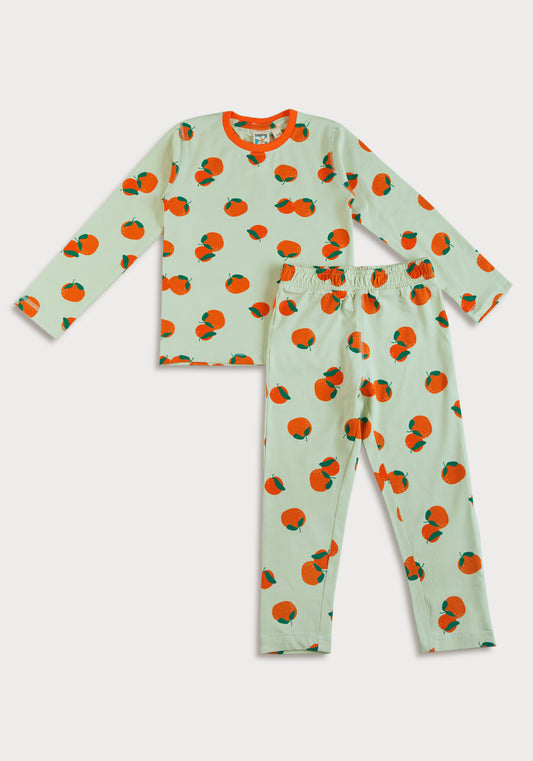 Orange Zest Print Collared Night Wear Set