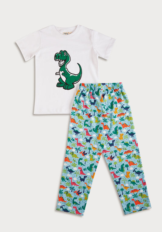 RED, BLUE AND GREEN DINOSAUR PRINT SHORT SLEEVE PAJAMA SET