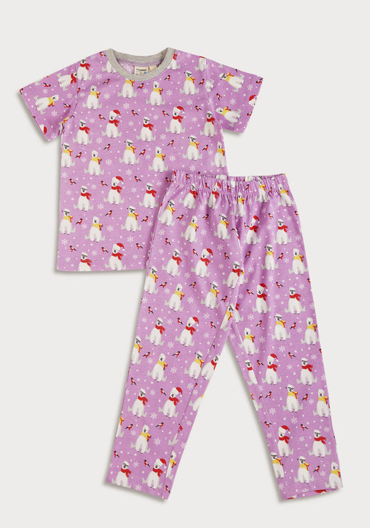 LILAC, WHITE AND RED POLAR BEAR PRINT SHORT SLEEVE PAJAMA SET