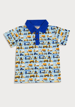 BLUE, BLACK AND YELLOW CONSTRUCTION PRINT POLO T-SHIRT