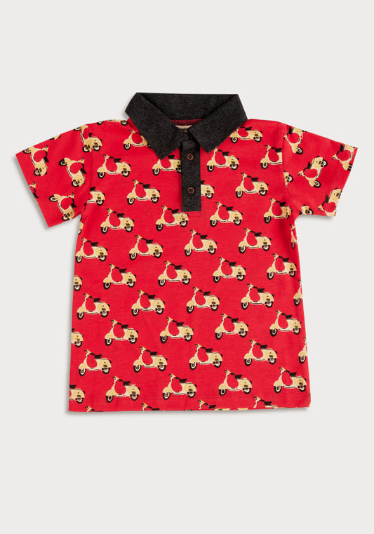 RED, BLACK AND YELLOW SCOOTER PRINT POLO T-SHIRT