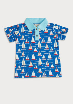 RED, BLUE AND WHITE BOAT PRINT POLO T-SHIRT