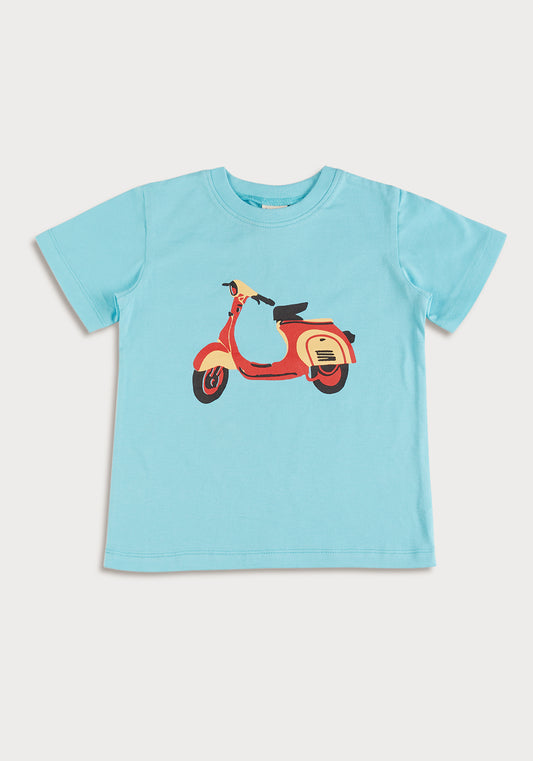 RED, YELLOW AND BLACK SCOOTER PLACEMENT PRINT Short Sleeve Tee