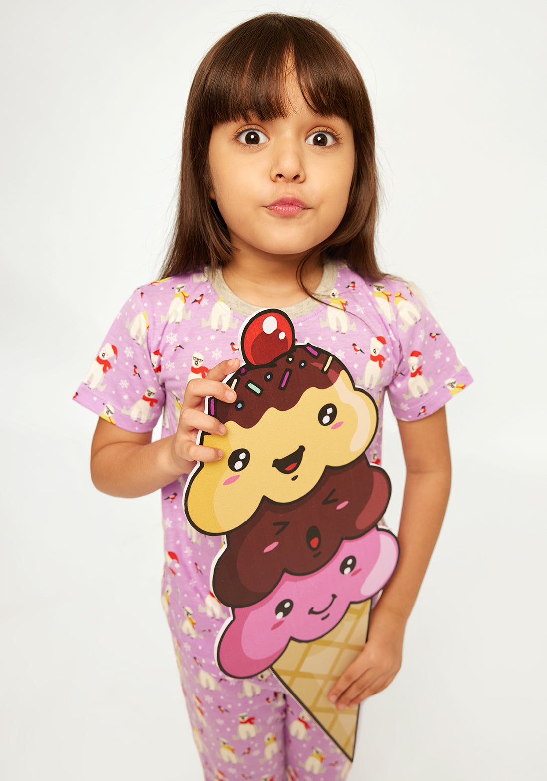 LILAC, WHITE AND RED POLAR BEAR PRINT SHORT SLEEVE PAJAMA SET