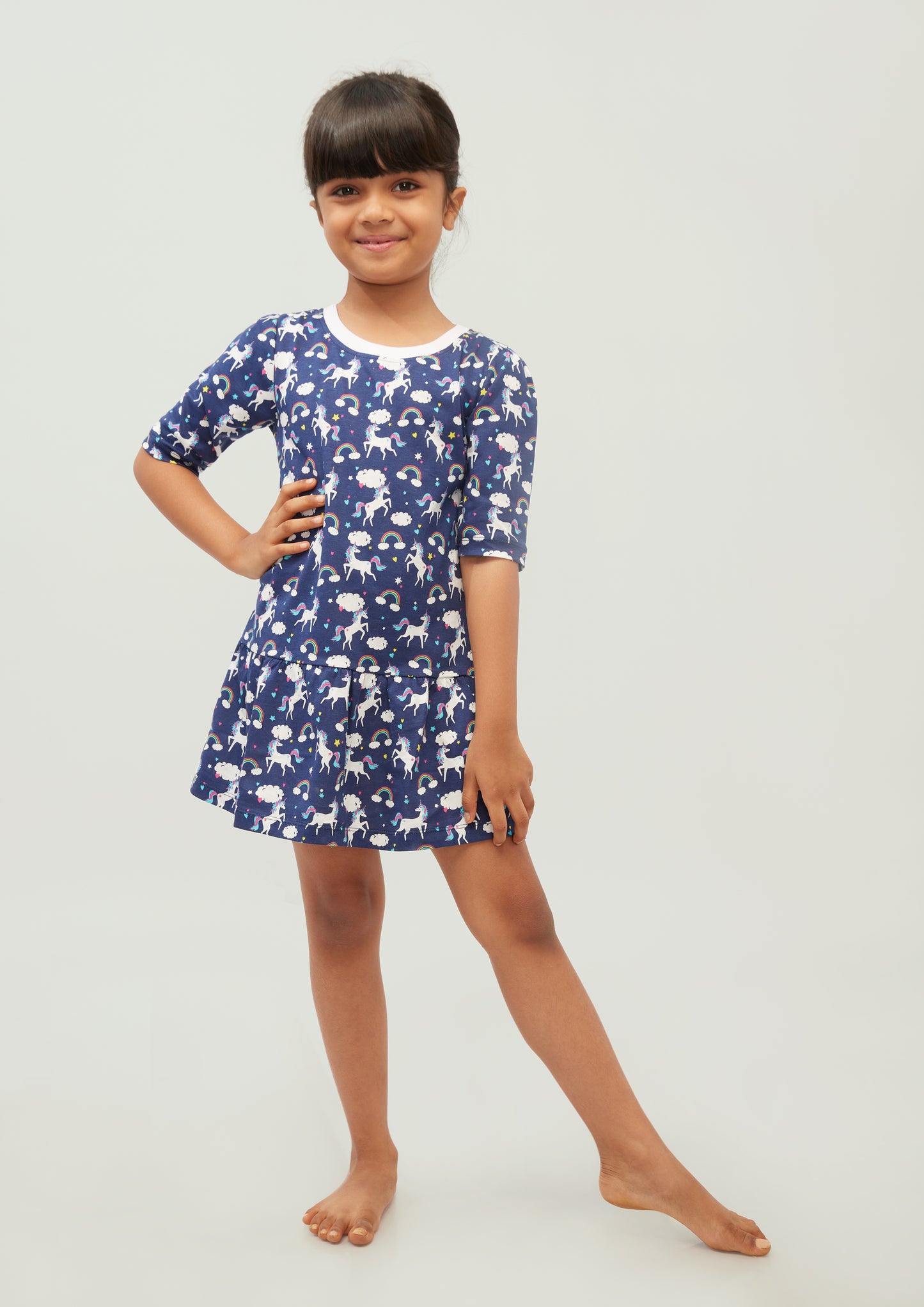 BLUE AND MULTICOLOR UNICORN PRINT FIT AND FLARED Short SLEEVE DRESS