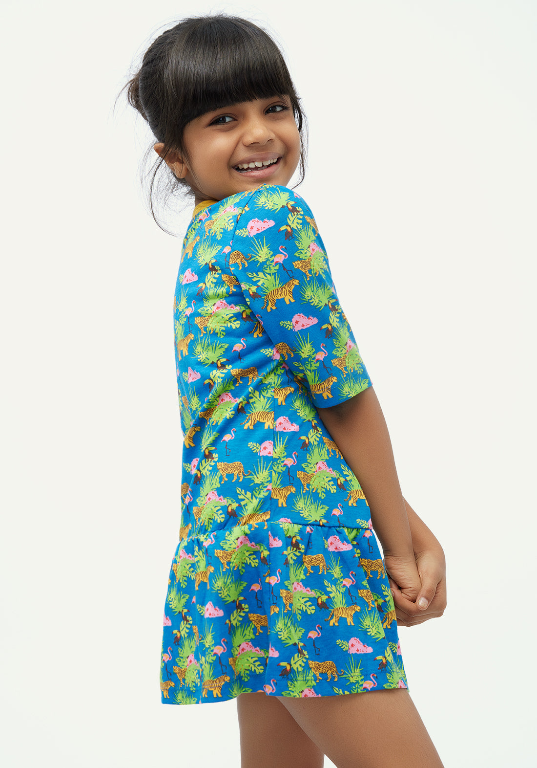 BLUE, YELLOW AND GREEN SAFARI PRINT FIT AND FLARED DRESS