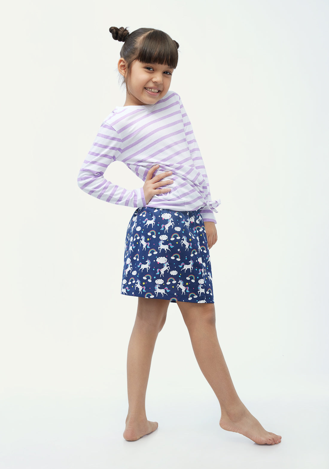 Stripe T-shirt with Multicolor Unicorn Printed skirt co-ord Set