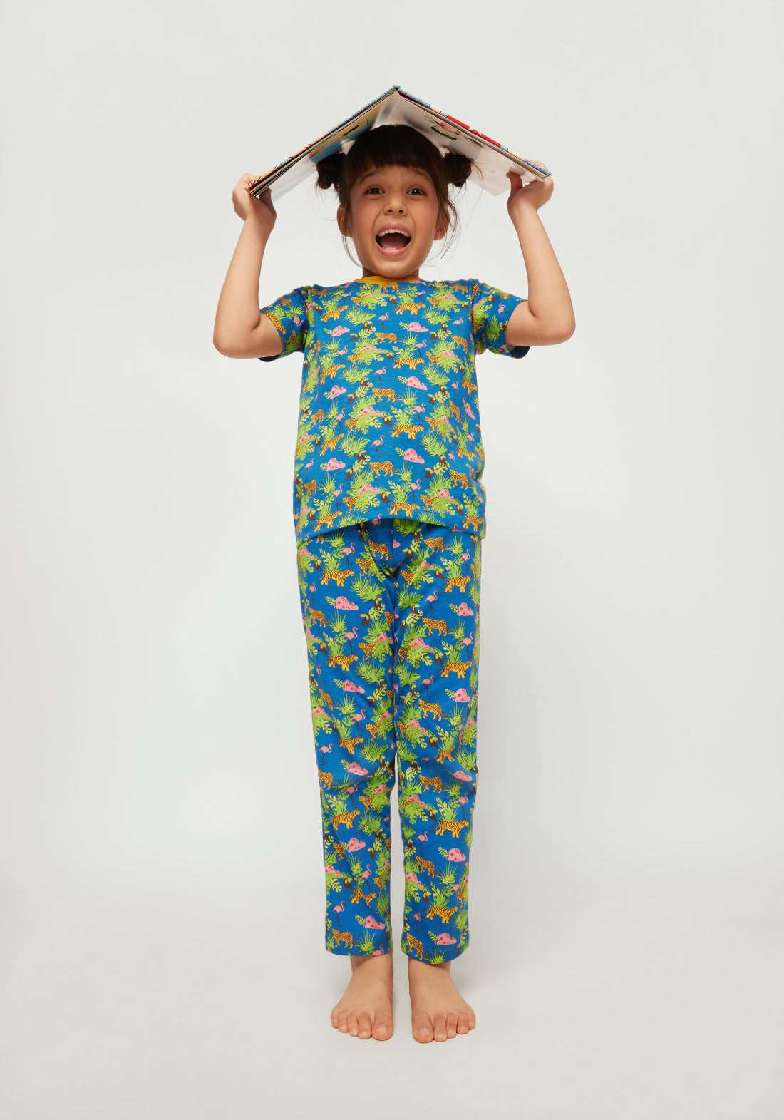 BLUE, YELLOW AND BLACK SAFARI PRINT SHORT SLEEVE PAJAMA SET