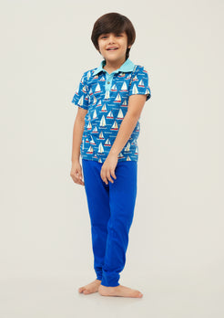 RED, BLUE AND WHITE BOAT PRINT POLO T-SHIRT